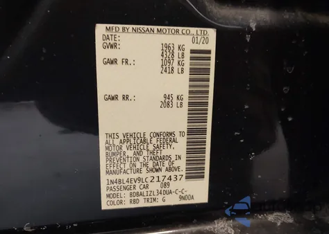 2020 Nissan Altima Sl Fwd z USA, uszkodzony, nr VIN 1N4BL4EV9LC217437